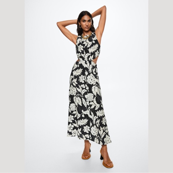 Mango side slit dress in black and white floral print size L - Picture 1 of 12